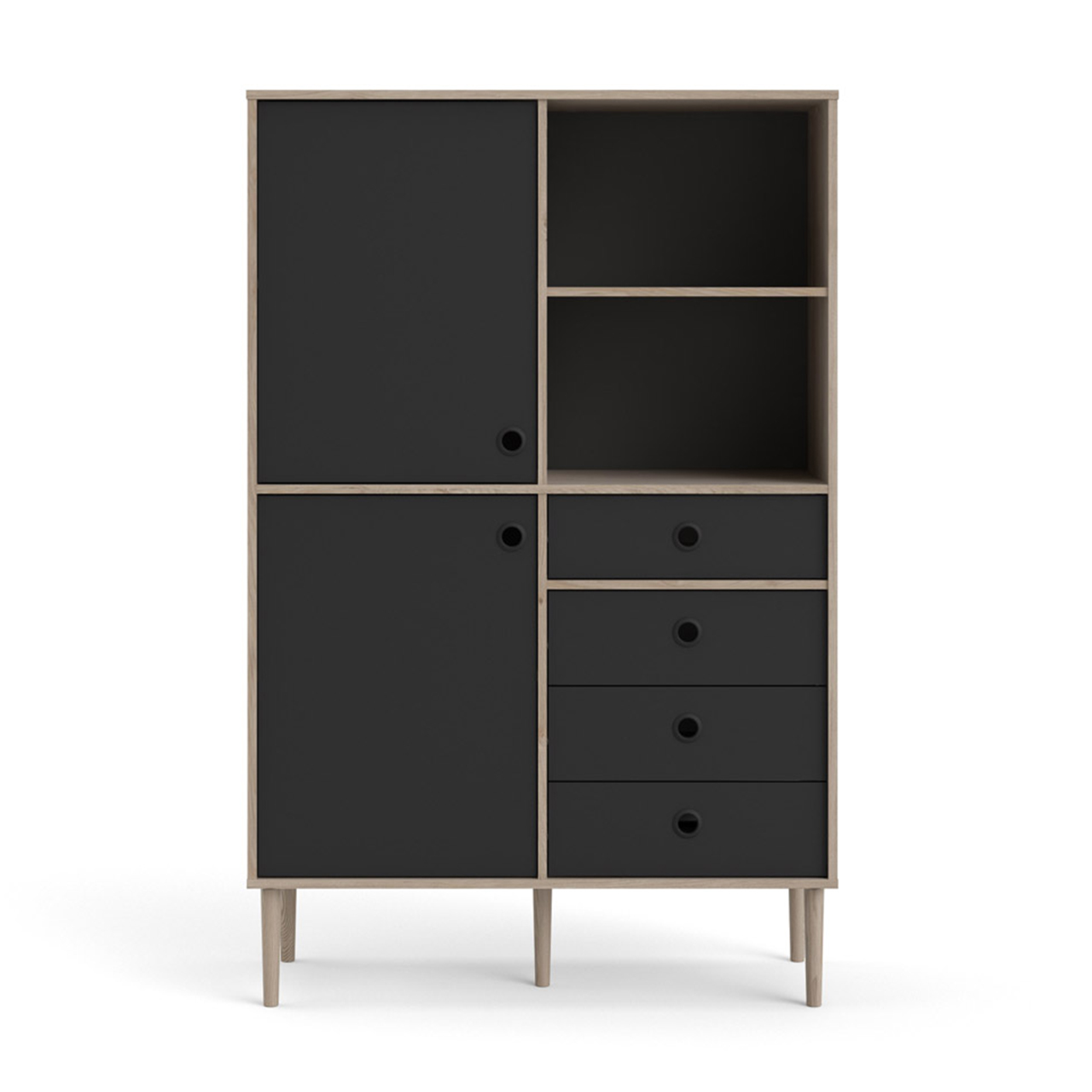 Penny reol 2 låger, 4 skuffer og 2 rum, Hickory dekor og mat sort