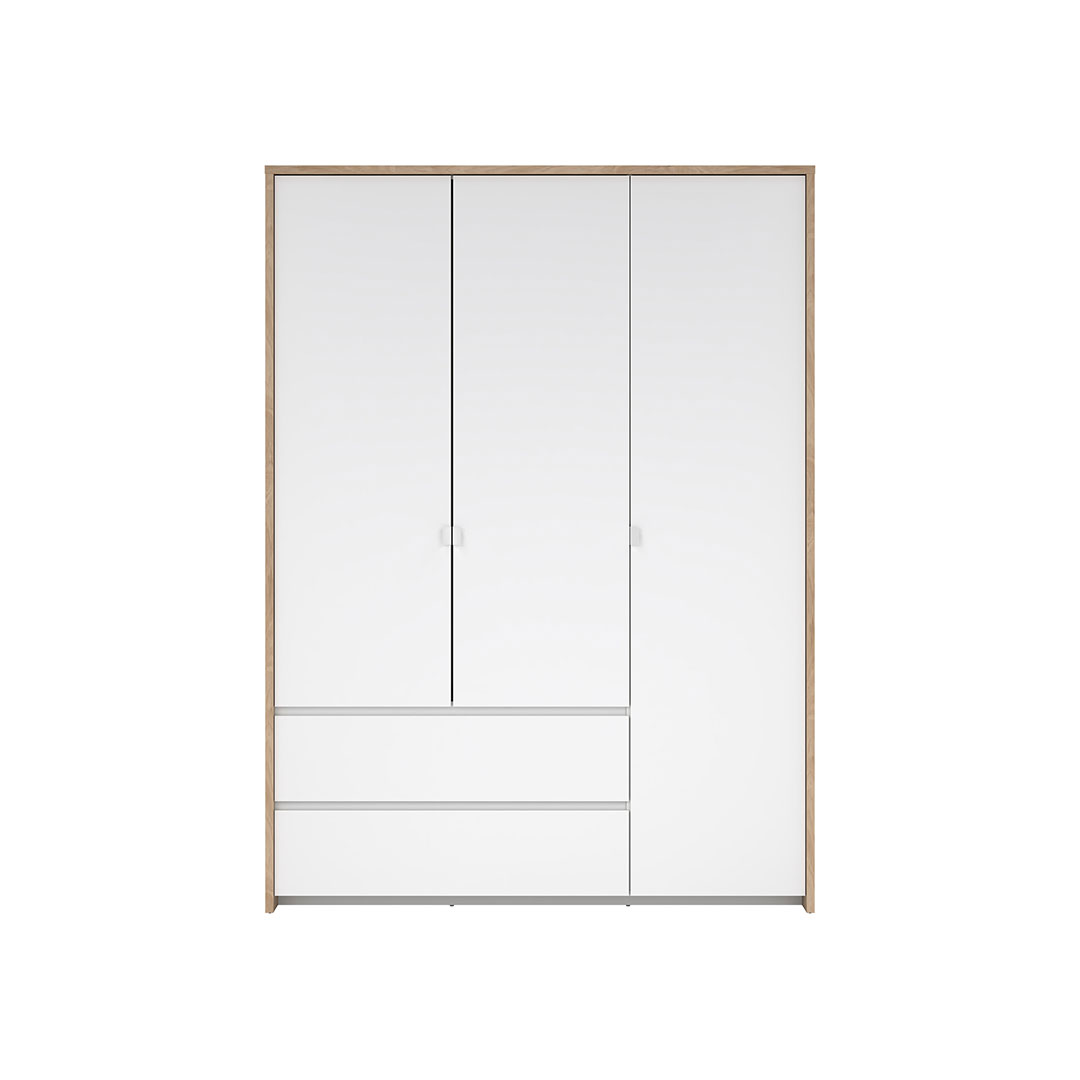 TVILUM Next garderobeskab, m. 3 låger, 1 bøjlestang, 6 hylder og 2 skuffer - Jackson Hickory og hvid højglans træ