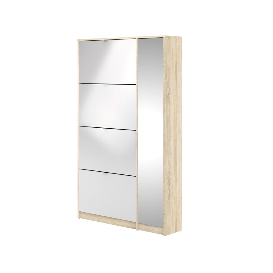 Shane skoskab 4 klaplåger 2R, 1 spejllåge eg struktur dekor, hvid højglans