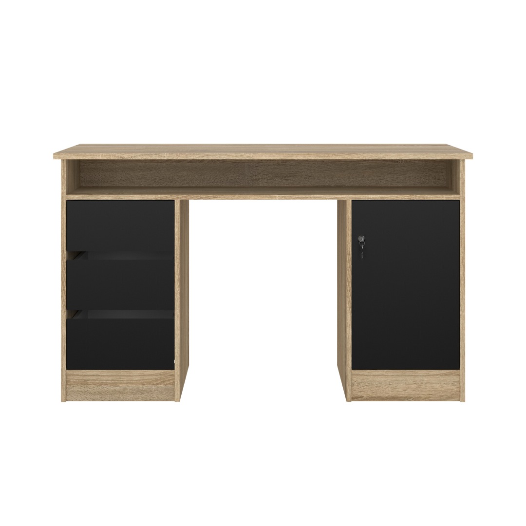 FunctionPlus skrivebord med lås 1 låge 3 skuffer eg dekor sort