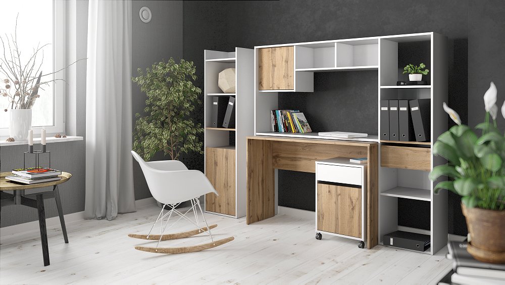 Plus Schreibtisch mit Bücherregal und Büroarchiv auf Rädern, Dekor Weiß