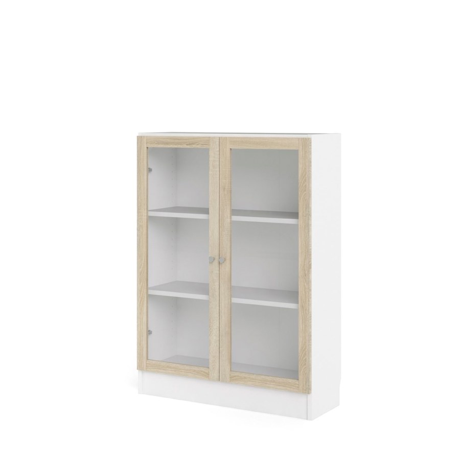 Base reol 2 glaslåger hvid, eg struktur dekor