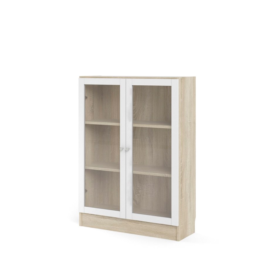 Base reol 2 glaslåger eg struktur dekor, hvid