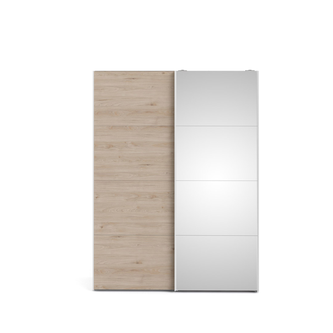 Veto skydedørsskab B150 cm 1 låge og 1 spejlåge, hvid og Hickory dekor