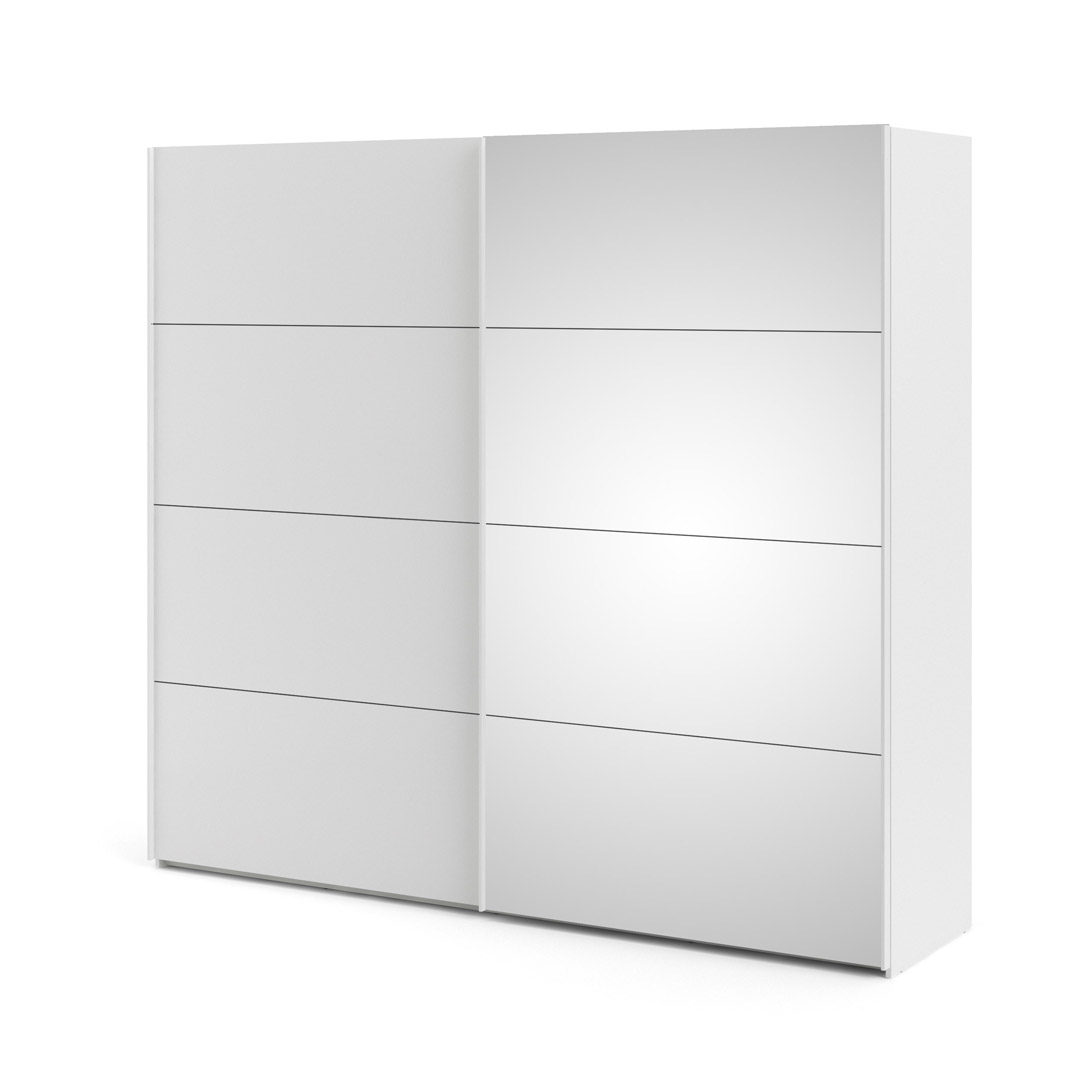Veto skydedørsskab B243 cm 1 låge og 1 spejlåge, hvid og hvid højglans