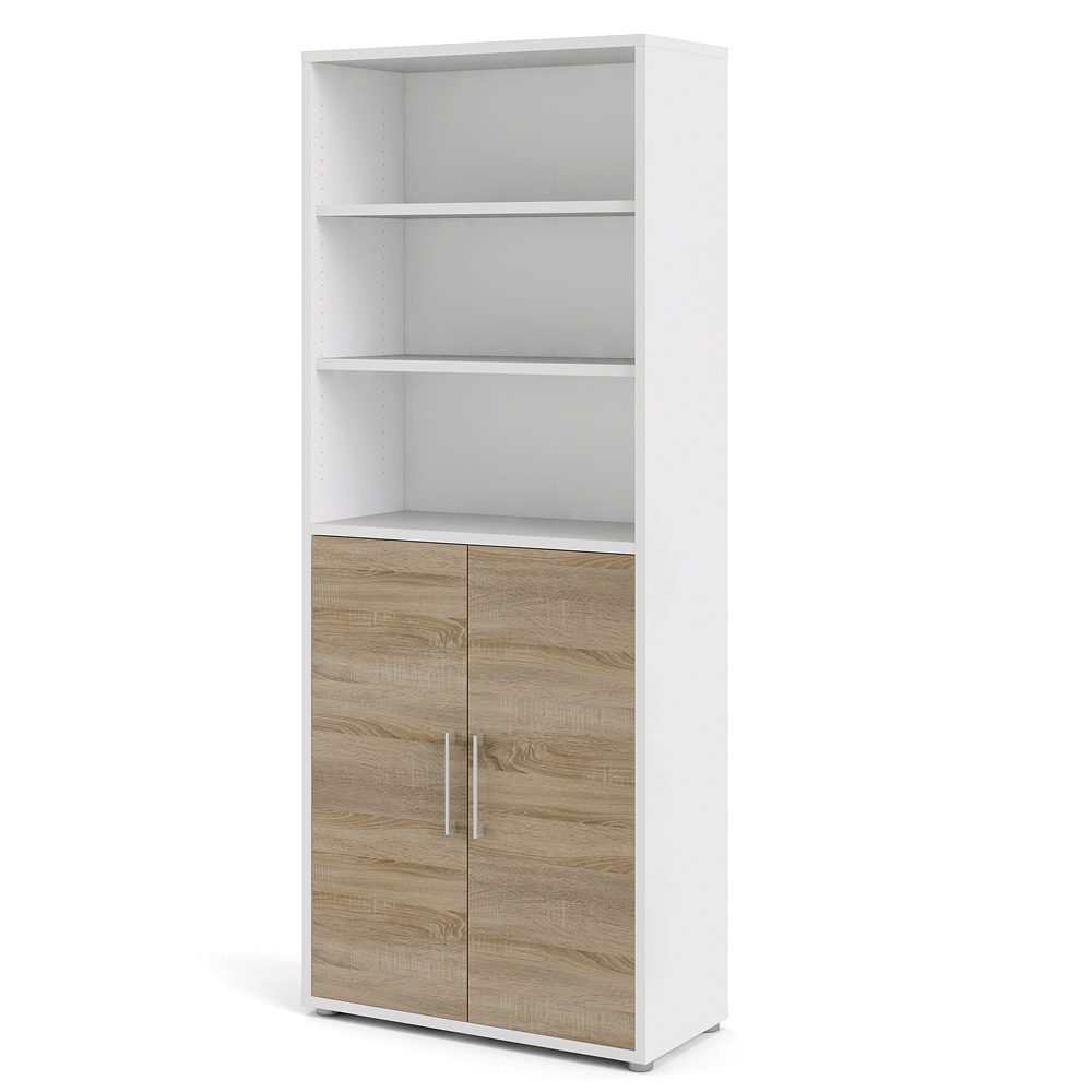 Prisme kontorreol høj 2 låger og 2 hylder hvid, eg dekor billede