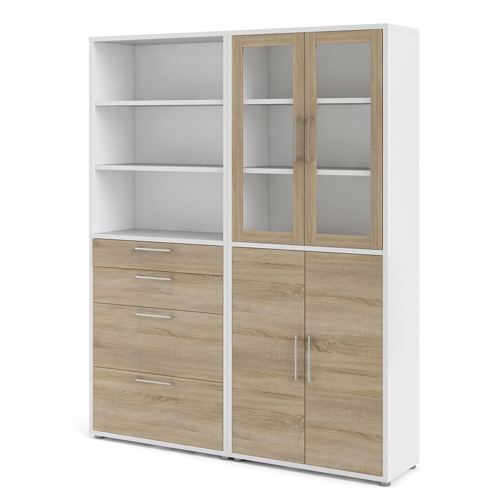 Prisme kontorreol 2 hylder, 4 skuffer, 2 glaslåger og 2 træ låger hvid, eg dekor