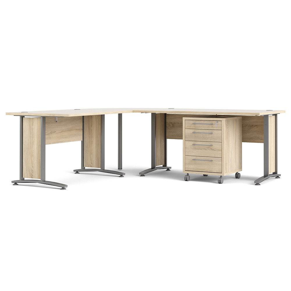 Prisme hjørneskrivebord 305 med skuffemodul på hjul eg dekor