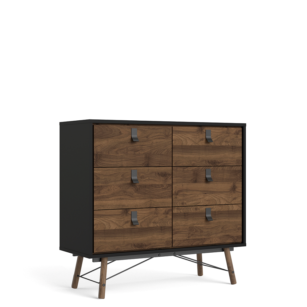 Rye Kommode 6 skuffer mat sort, valnød dekor billede