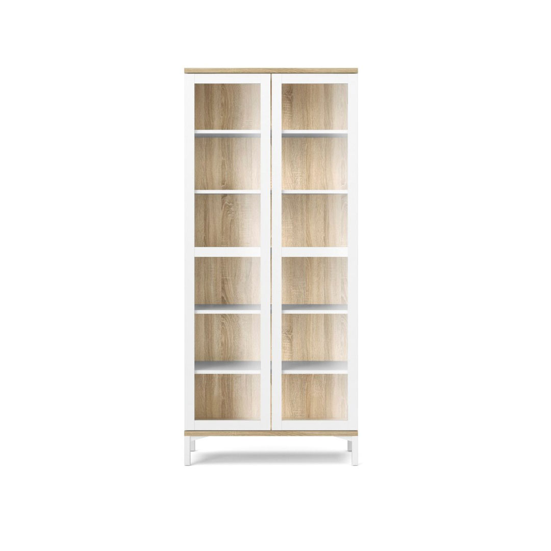 Rosa vitrineskab med ben hvid og eg struktur