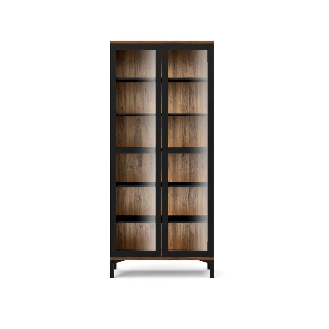 Rosa vitrineskab med ben sort og valnød