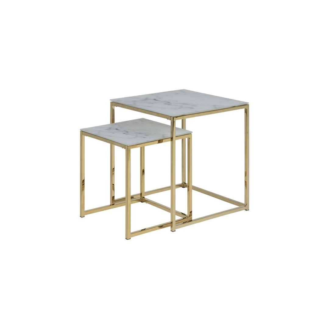 Almaz indskudsborde 2 stk. i glas med marmor print i hvid og ben i gylden chrome