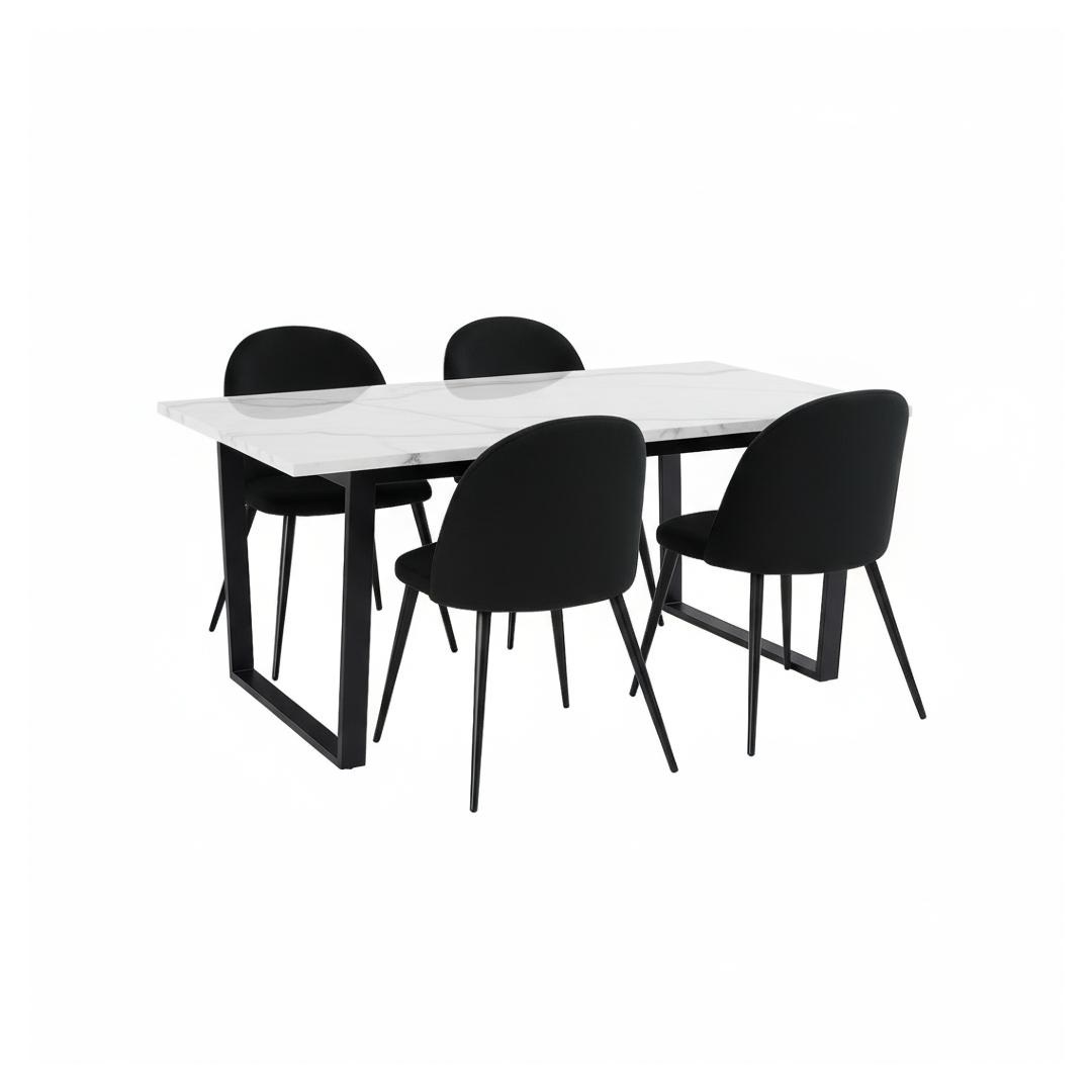 Tilst spisebordssæt bord marmor print hvid 90x160 og 4 stole velour sort