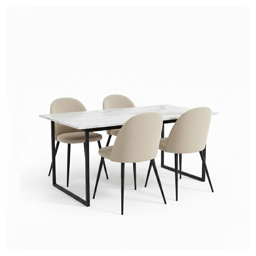 Tilst spisebordssæt bord marmor print hvid 90x160 og 4 stole velour beige