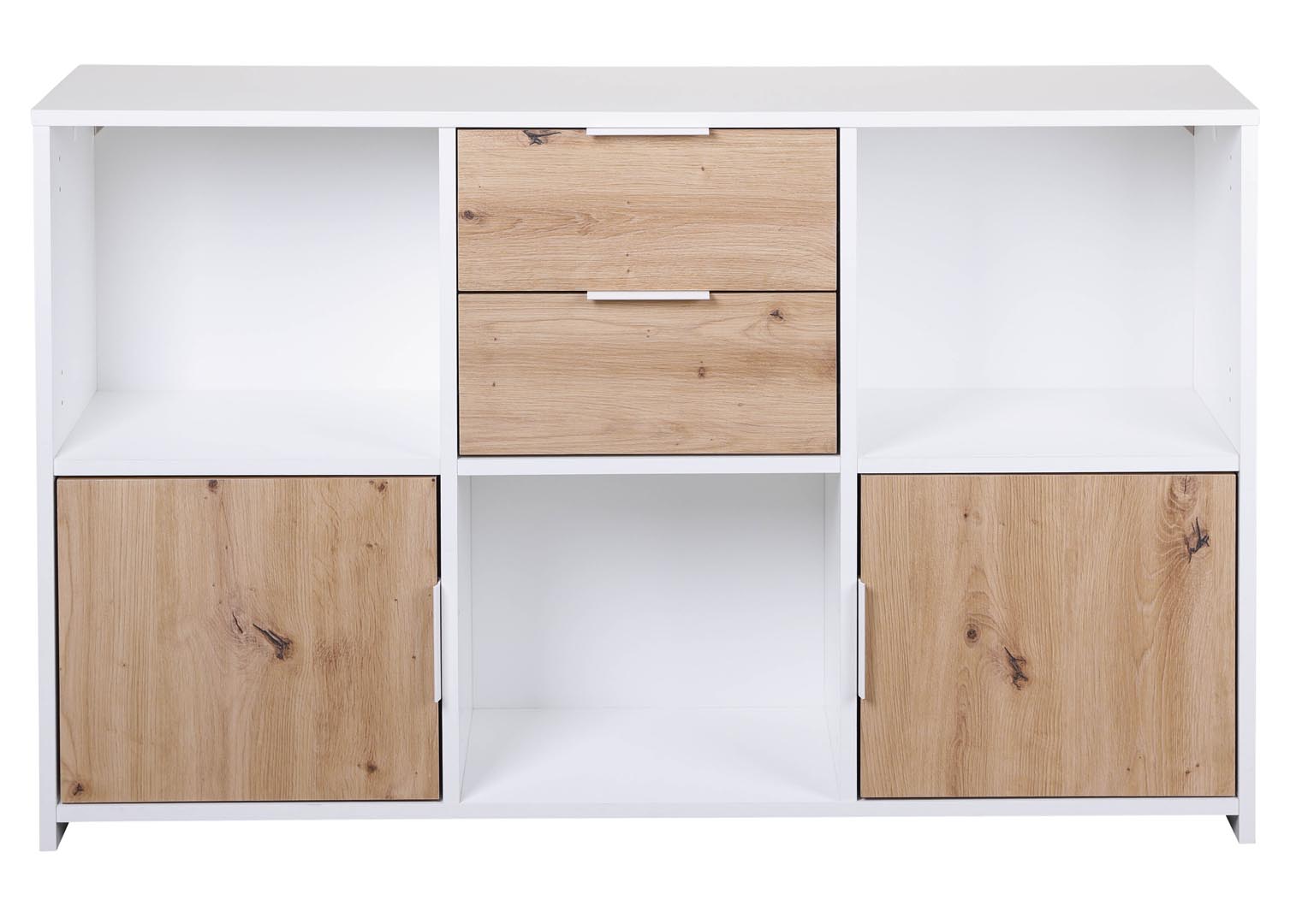 Pepeto skænk 2 skuffer, 2 låger, 3 hylder hvid, Artisan eg dekor