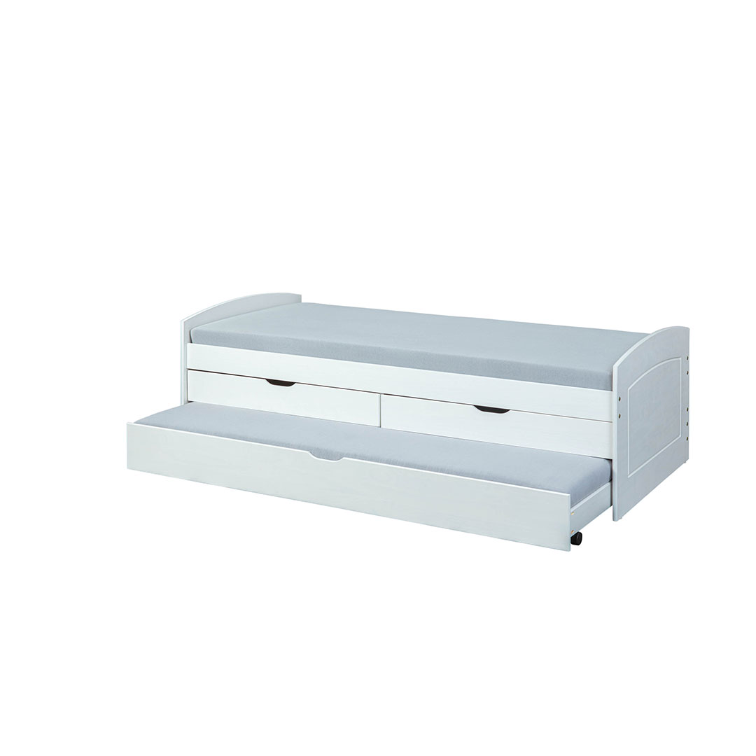 Ried seng 90x200 cm, 2 skuffer, 1 udtræksseng hvid