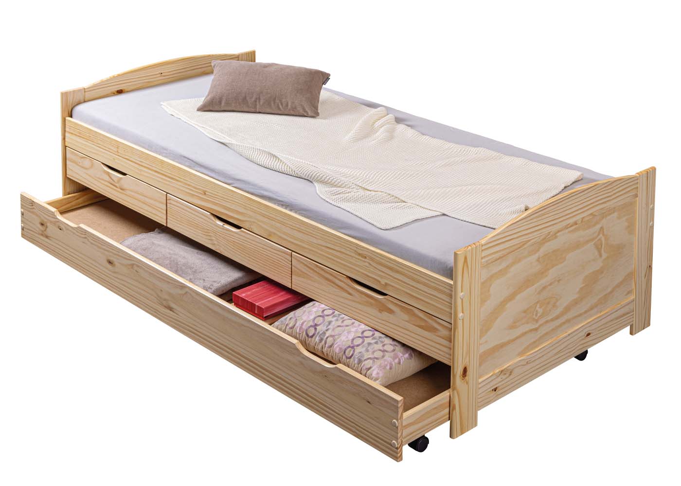 Marinella enkeltseng 90x200 incl. lamelbund, 3 små og 1 stor skuffe til opbevaring eller gæsteseng, natur