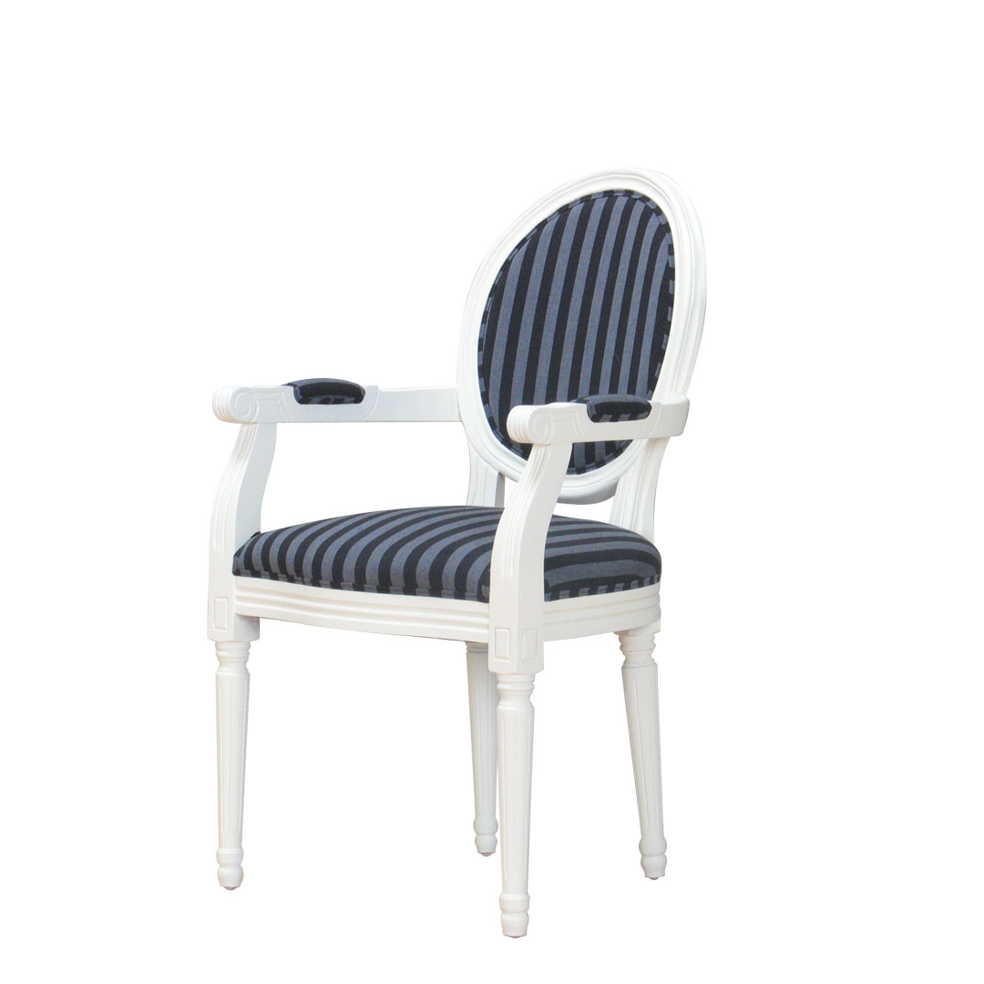 Rokoko/Amaretta spisestuestol med armlæn i antik hvid, antik patineret med sort stribet stof