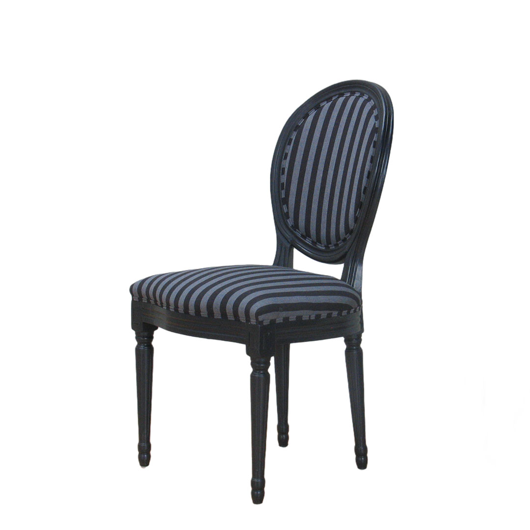 Rokoko/Amaretta spisestuestol i antik sort med sort stribet stof