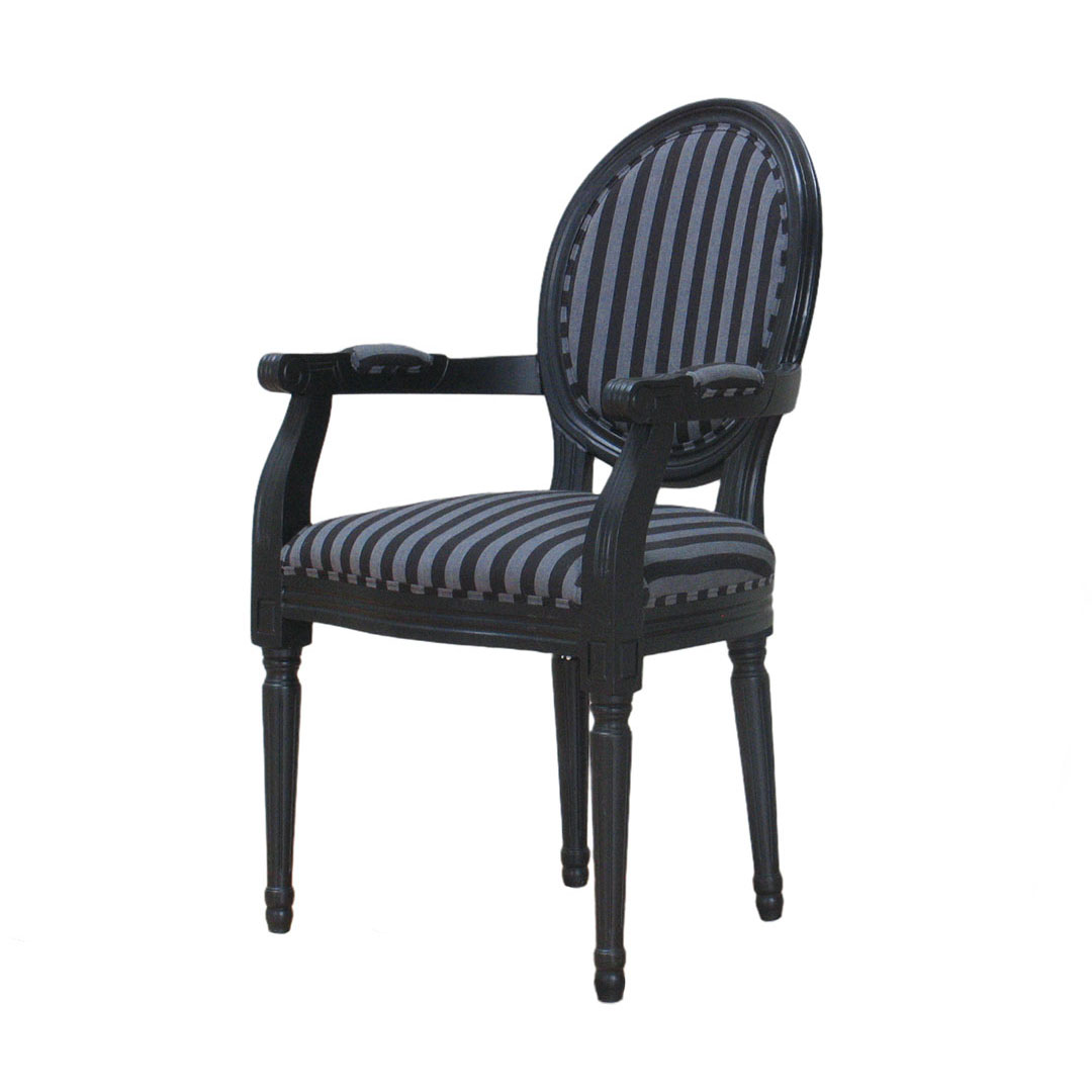 Rokoko/Amaretta spisestuestol med armlæn i antik sort med sort stribet stof