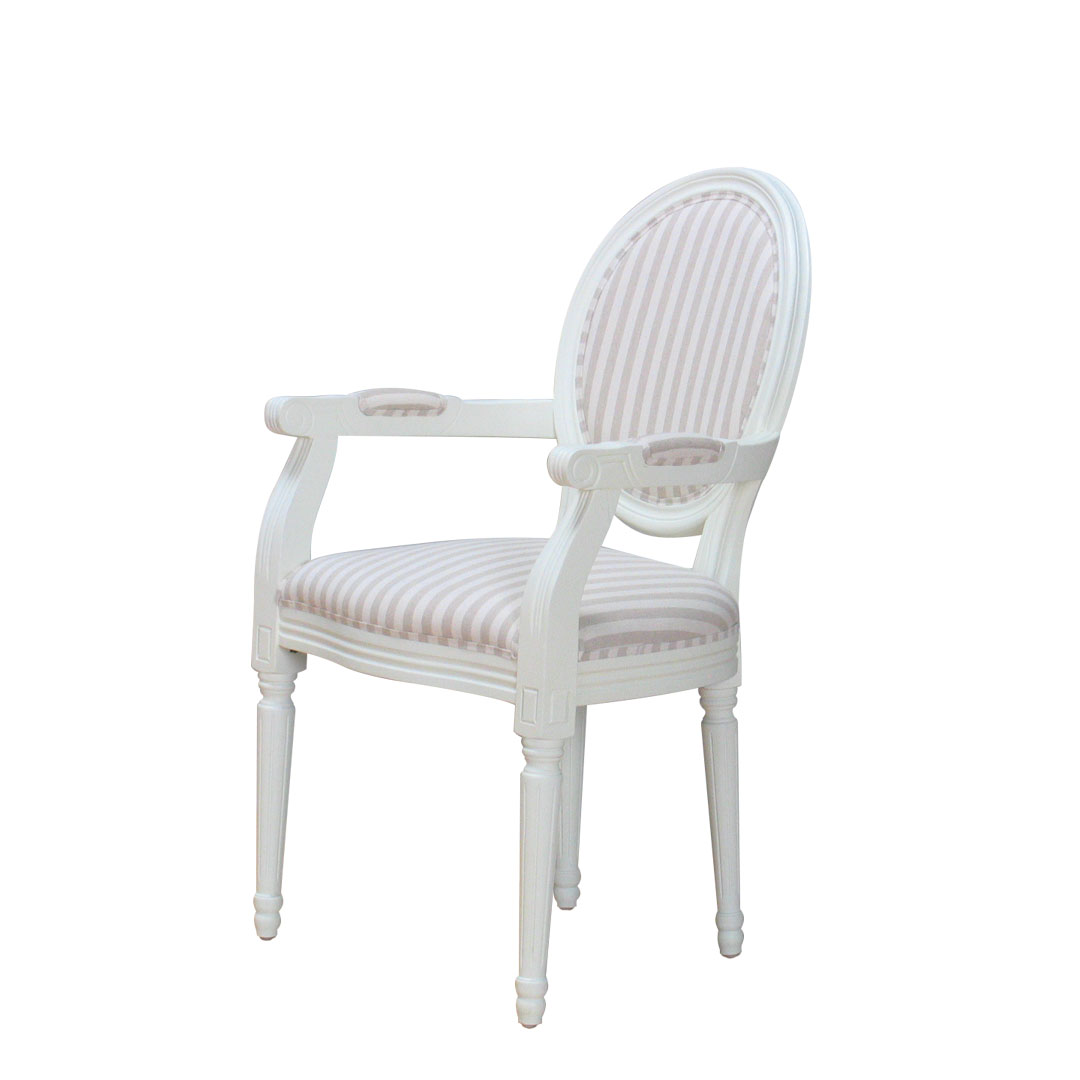 Rokoko/Amaretta spisestuestol med armlæn i antik hvid, antik patineret med beige stribet stof