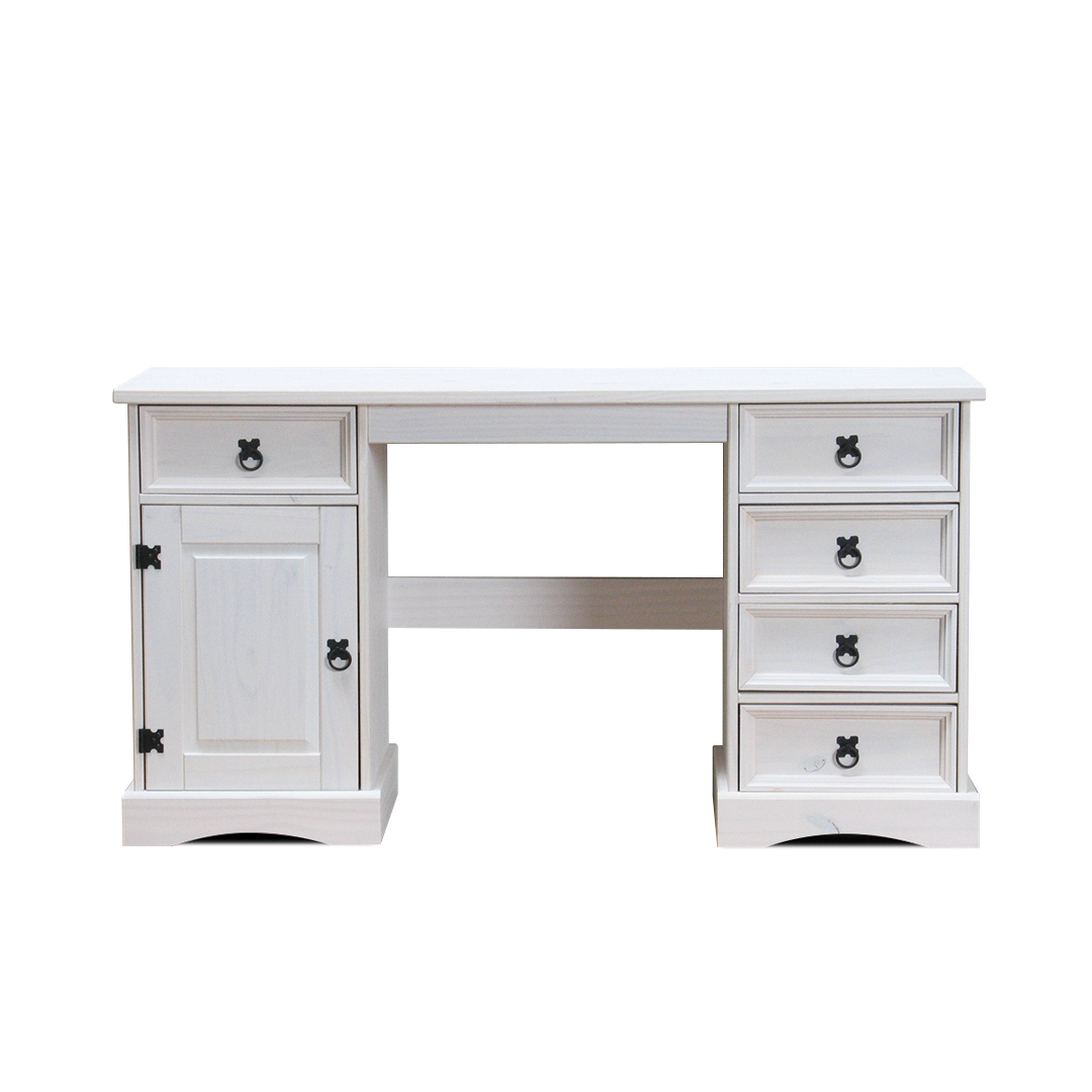 New Mexico skrivebord bredde 141 cm, højde 76 cm med 5 skuffer og 1 låge hvid/voks