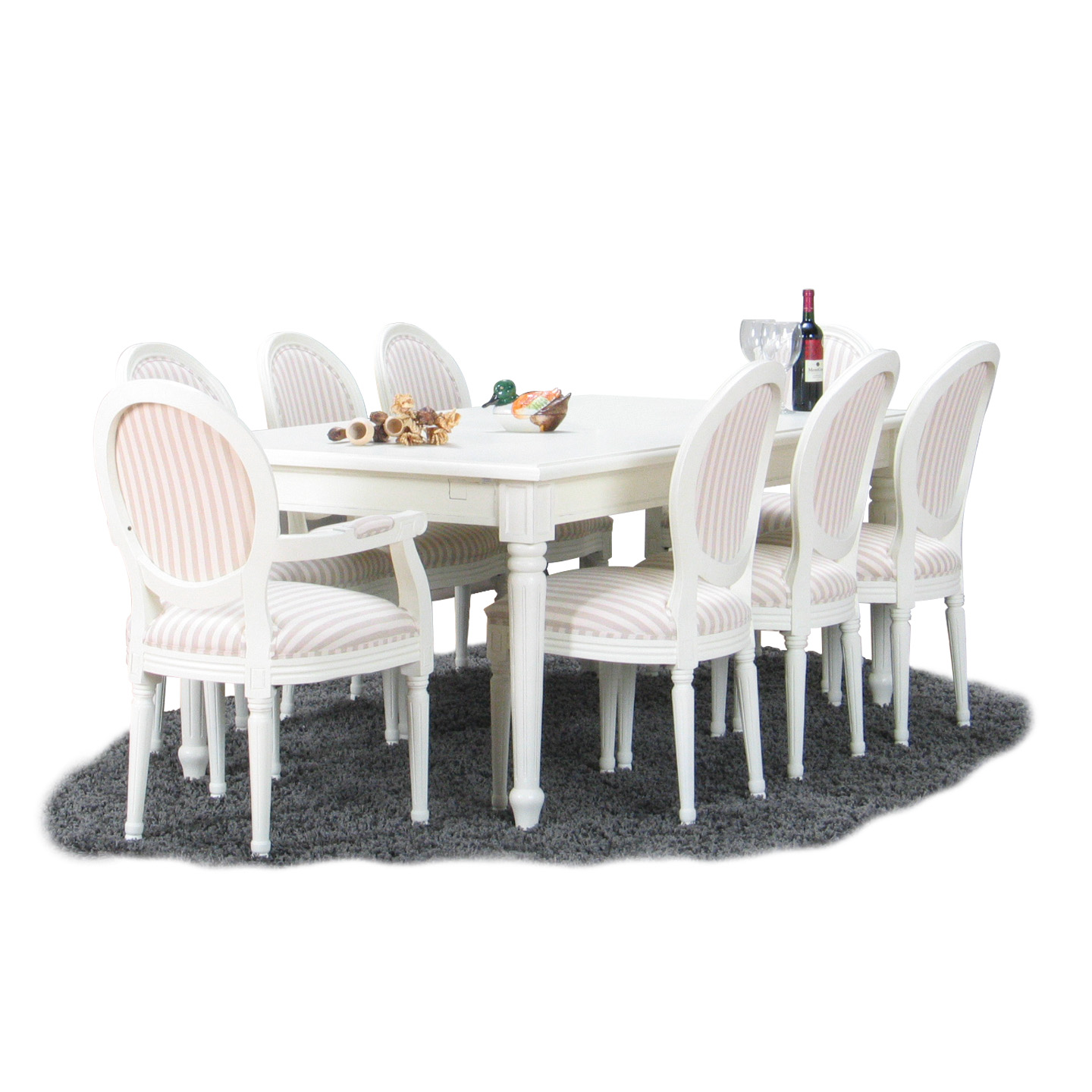 Amaretta spisegruppe 100x180/280 inkl. 2 tillægsplader antik hvid med 2+6 Rokoko stole antik hvid/beige