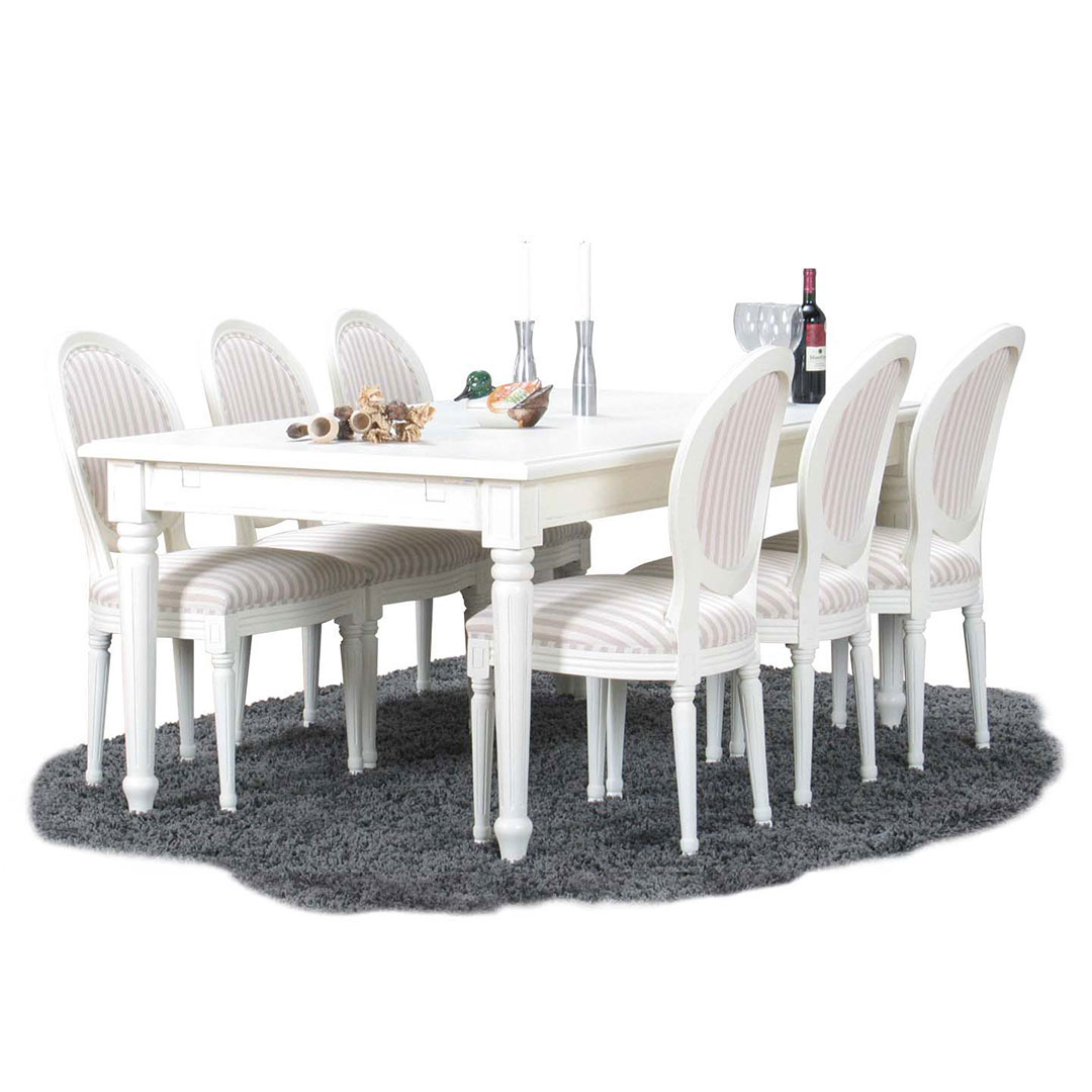 Amaretta spisegruppe 100x180/280 inkl. 2 tillægsplader antik hvid med 6 Rokoko stole antik hvid/beige