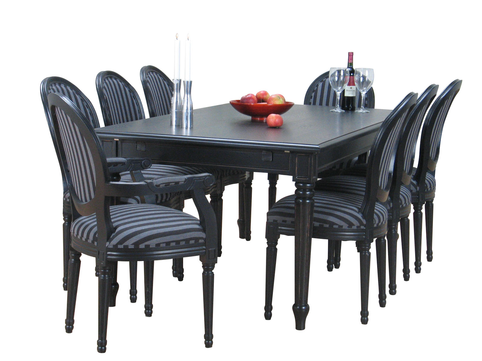 Amaretta spisegruppe 100x180/280 inkl. 2 tillægsplader sort med 2+6 Rokoko stole antik sort/sort