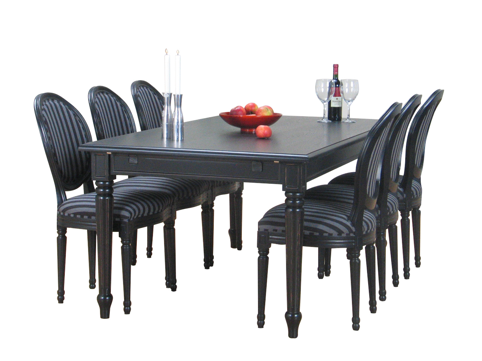 Amaretta spisegruppe 100x180/280 inkl. 2 tillægsplader sort med 6 Rokoko stole antik sort/sort