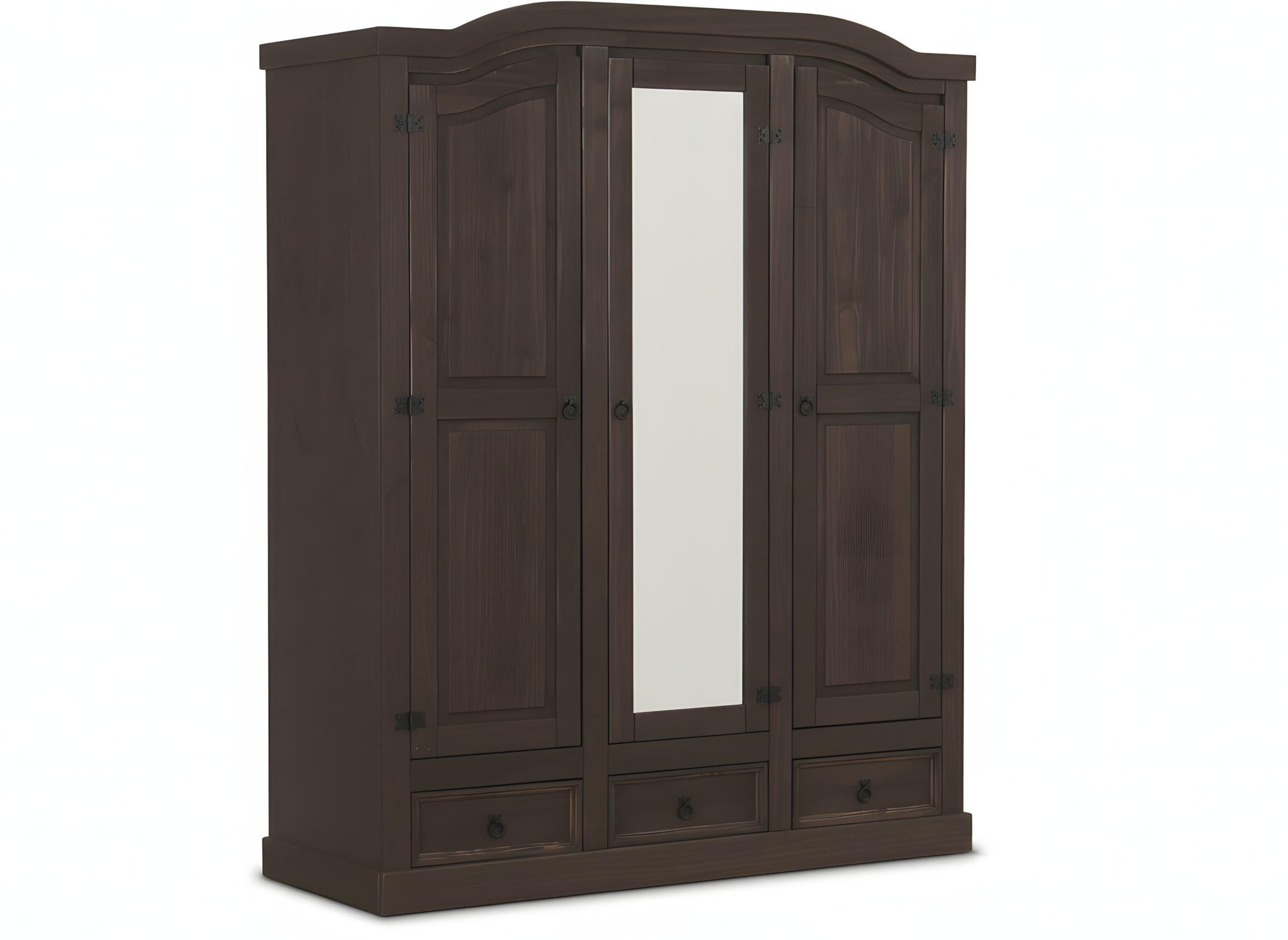 New Mexico klædeskab 3 dørs med 1 spejllåge, 2 fyldningslåger og 3 skuffer i kolonial bejdse voks