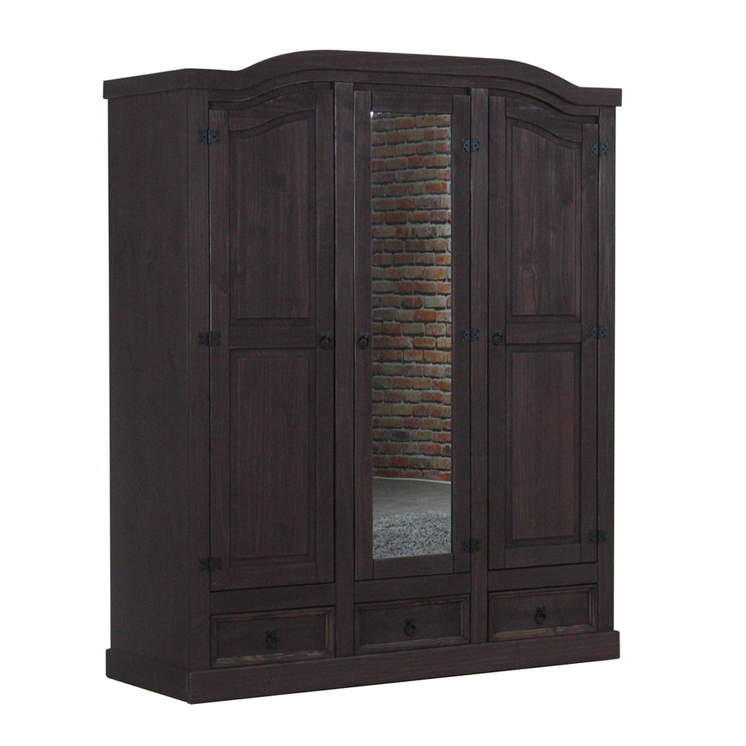 New Mexico klædeskab 3 dørs med 1 spejllåge, 2 fyldningslåger og 3 skuffer i kolonial bejdse voks