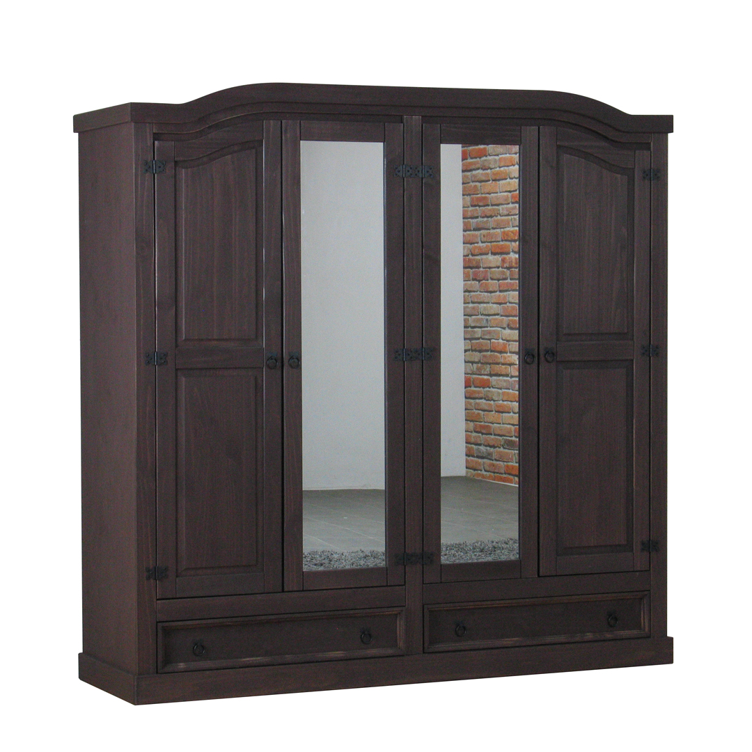 New Mexico klædeskab 4-dørs med 2 spejllåger, 2 fyldningslåger og 2 skuffer i kolonial bejdse voks