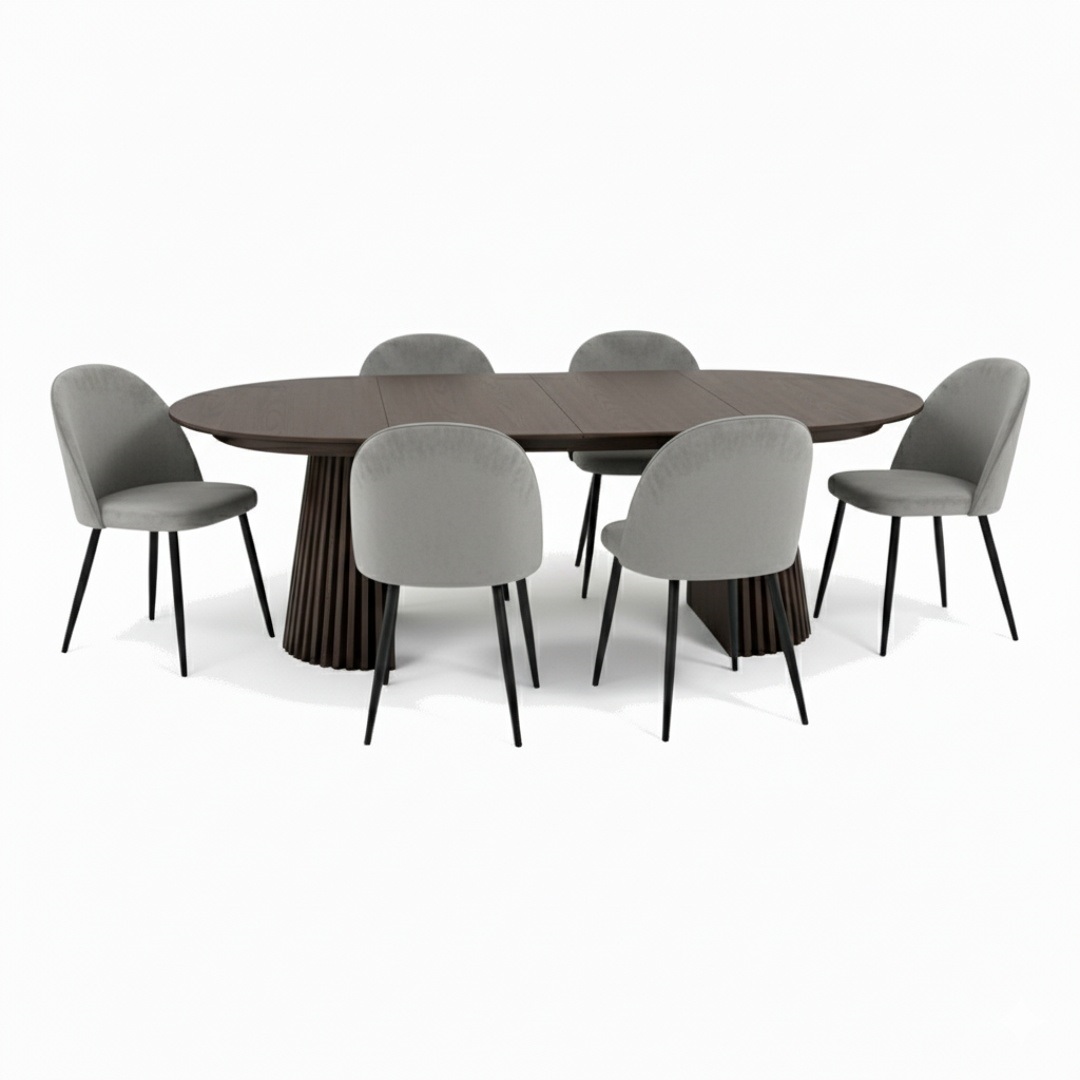 Tokyo spisebordssæt spisebord smoked, 6 stole velour grå. | Osaka Spisebord