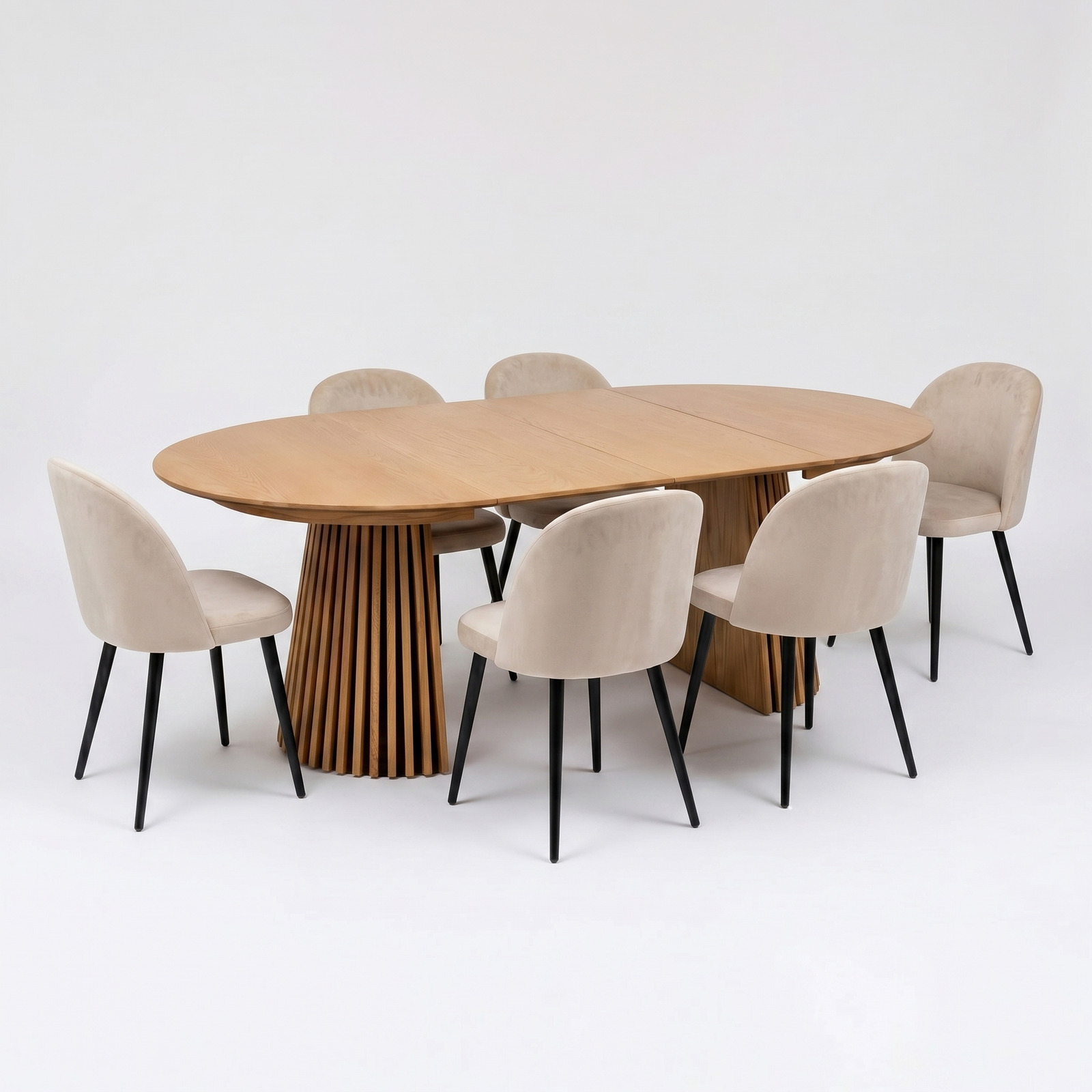 Tokyo spisebordssæt spisebord natur, 6 stole velour beige. | Osaka Spisebord