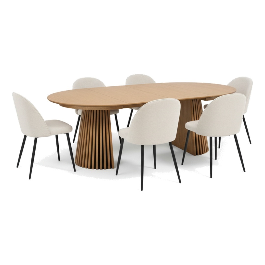 Tokyo spisebordssæt spisebord natur, 6 stole fløjl beige. | Osaka Spisebord