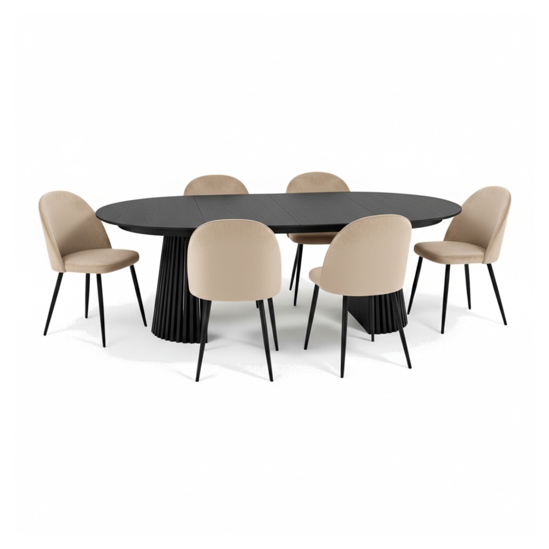 Tokyo spisebordssæt spisebord sort, 6 stole velour beige. | Osaka Spisebord