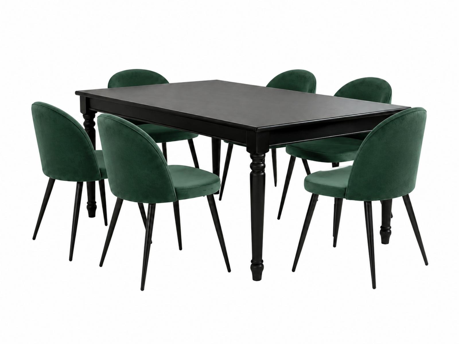 Amaretta spisebordssæt bord sort 6 stole velour grøn