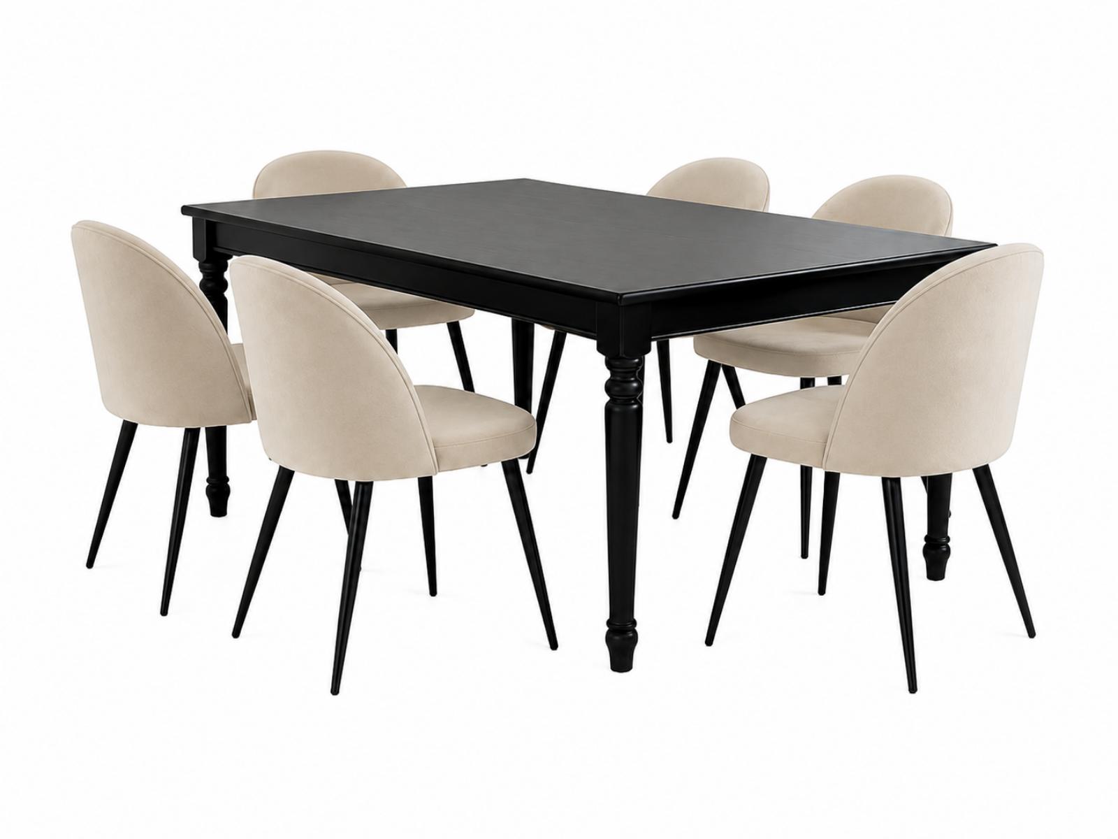 Amaretta spisebordssæt bord sort 6 stole velour beige