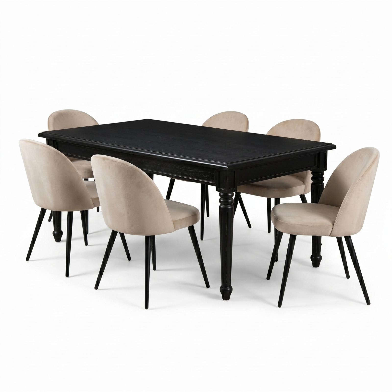 Amaretta spisebordssæt bord sort 6 stole fløjl beige