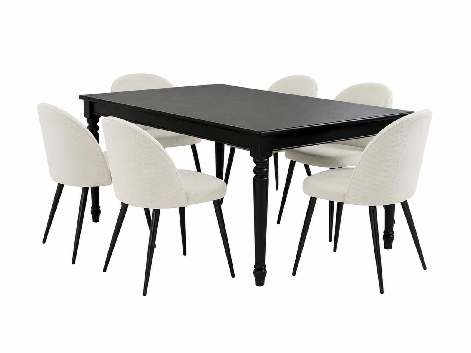 Amaretta spisebordssæt bord sort 6 stole fløjl beige