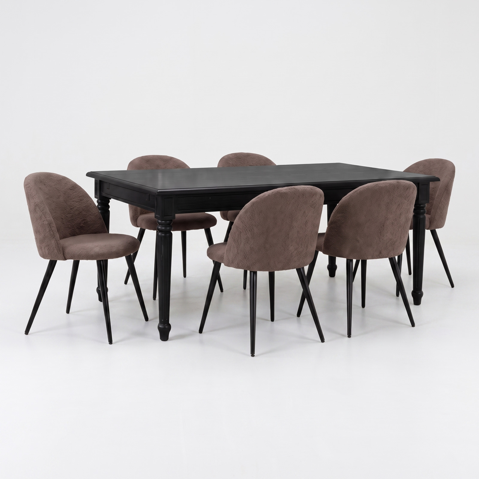 Amaretta spisebordssæt bord sort 100x180/280 inkl. 2 tillægsplader, 6 stole boucle brun