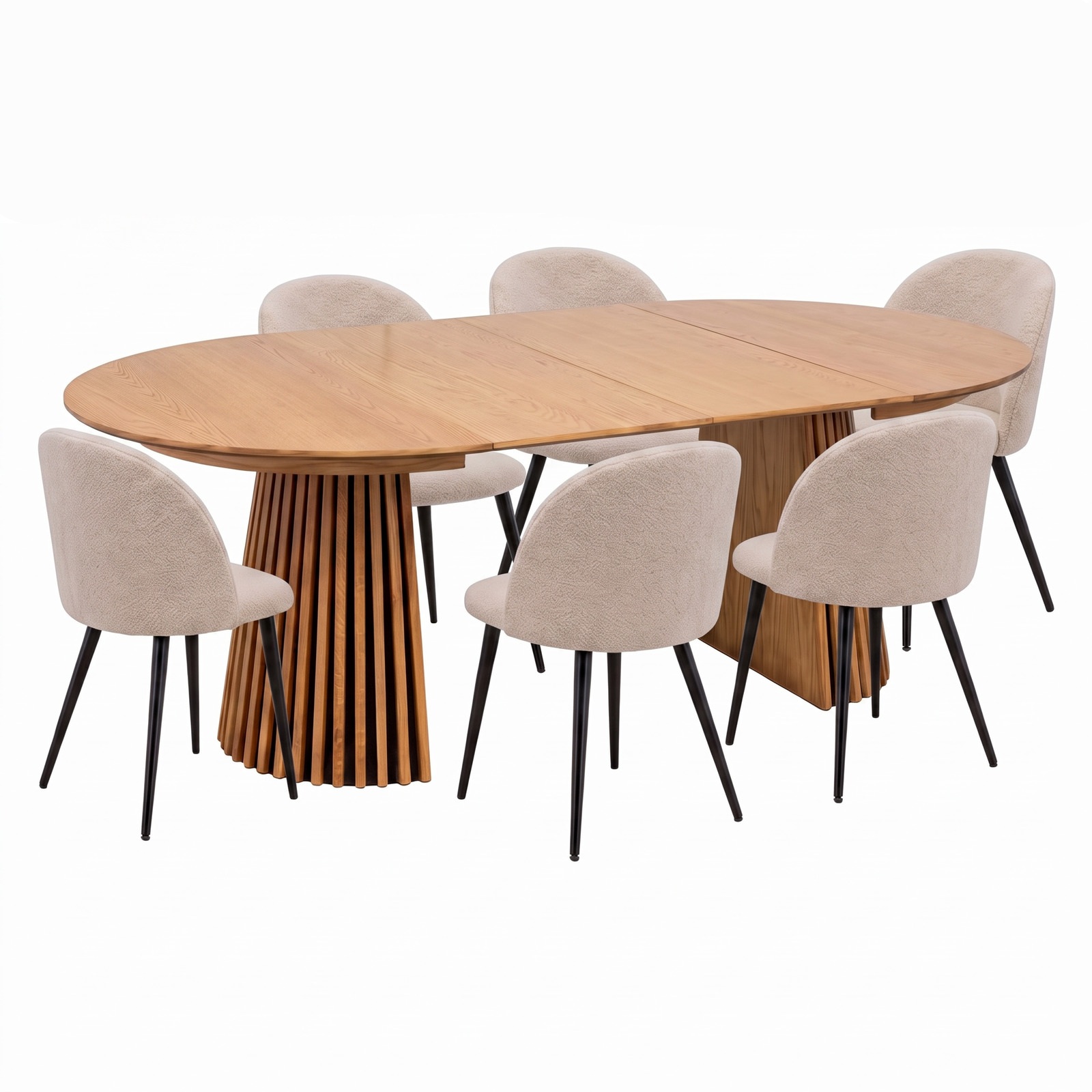 Tokyo spisebordssæt spisebord natur Ø120x120-160-200 inkl. 2 tillægsplader, 6 stole boucle beige. | Osaka Spisebord