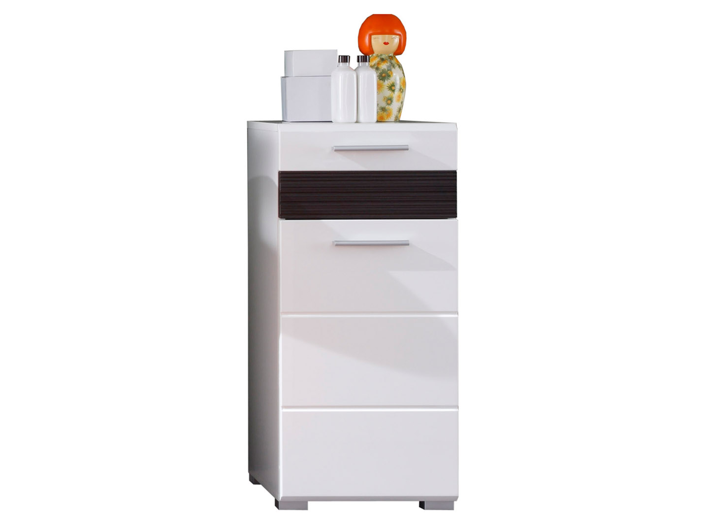 Mezzo badskab hvid, hvid højglans, mørk eg dekor