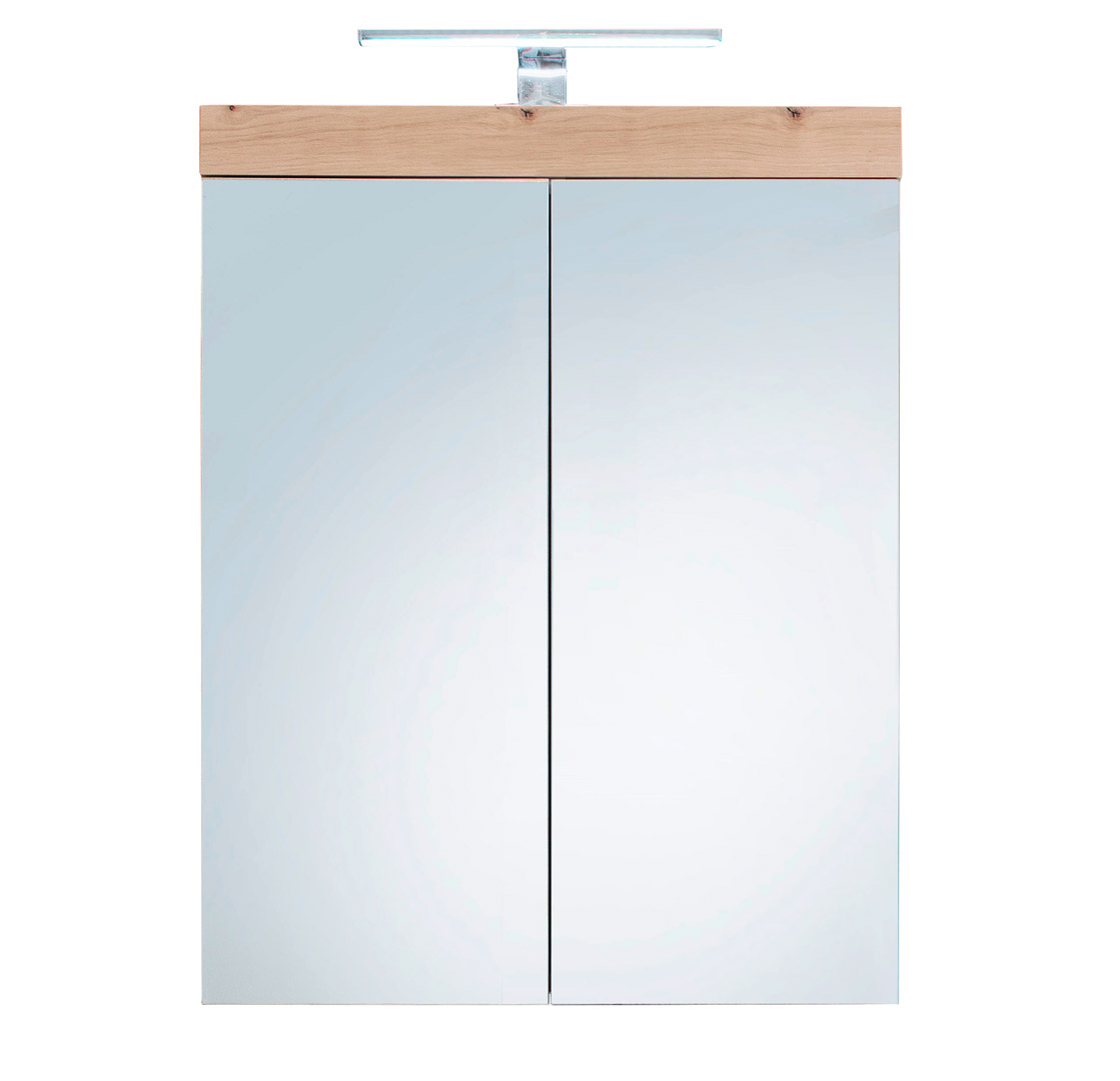 AmandaMando spejlskab badeværelse 2 låger inklusive lys lys egetræsdekor, spejlglas