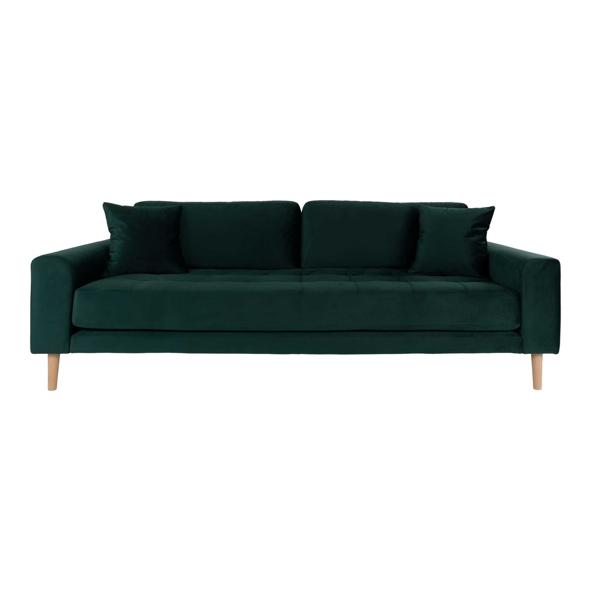 Lido 3 Personers Sofa - 3 Personers Sofa, Mørkegrøn Velour Med To Puder Og Natur Træben Hn1006