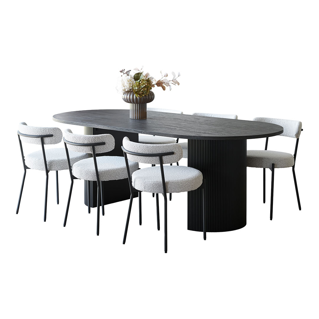 Kyoto spisebordssæt spisebord 100x210cm mørkebrun og 6 stole bouclé hvid