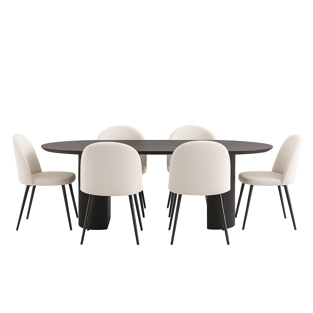 Kyoto spisebordssæt spisebord mørkebrun, 6 stole fløjl beige