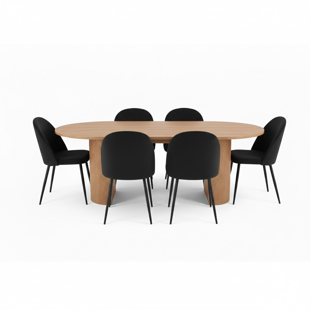 Kyoto spisebordssæt spisebord 100x210cm natur, 6 stole velour sort