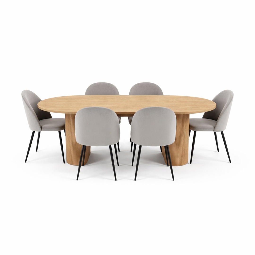 Kyoto spisebordssæt spisebord 100x210cm natur, 6 stole velour grå